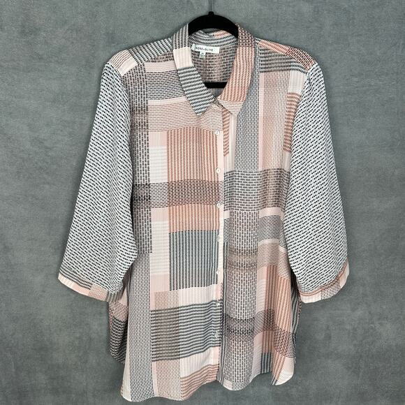 Rose And Olive Top Womens 2X Pink Geo Patchwork 3/4 Sleeve Button Front Career - Picture 1 of 11